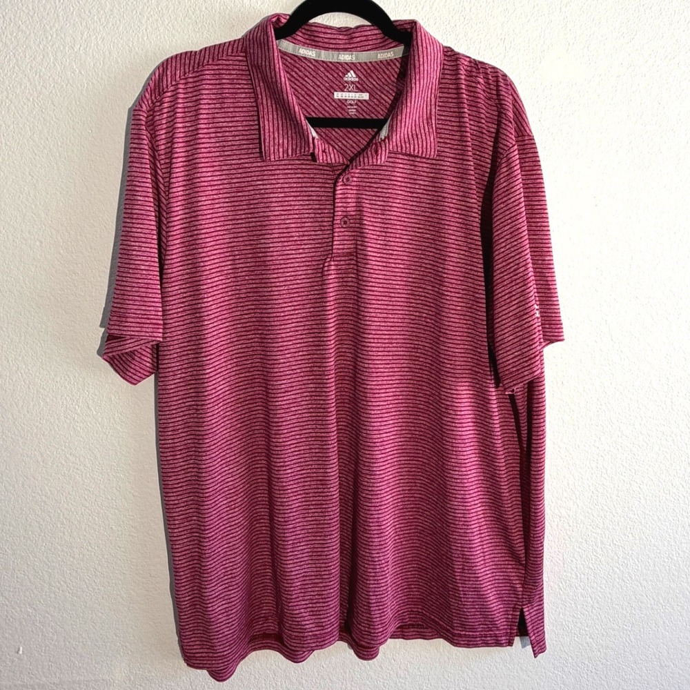Adidas Golf Mens 2XL Magenta Pink Striped Performance Short Sleeve Polo Shirt‎